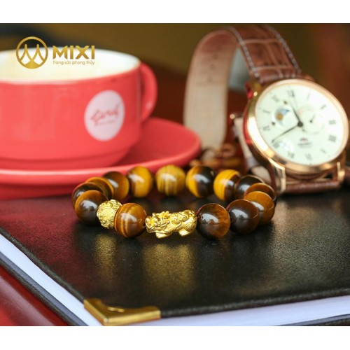 VT Mắt Hổ Nâu 2A 12ly Mix Charm Tỳ Hưu Tài Lộc Vàng 24k 18mm - Mixi