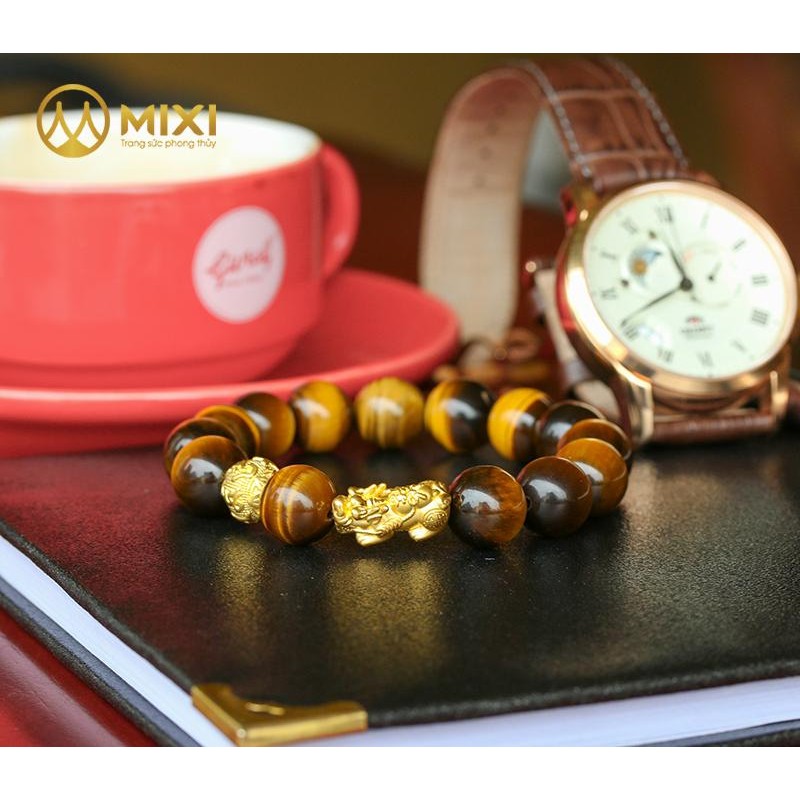 VT Mắt Hổ Nâu 2A 12ly Mix Charm Tỳ Hưu Tài Lộc Vàng 24k 18mm - Mixi