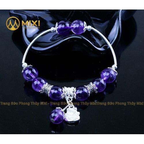 VT Đá Thạch Anh Tím 2A_10 Mix Charm Mèo Thần Tài Treo Bạc 999_BMTT01_M