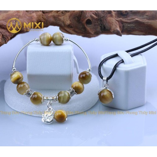 VT Đá Mắt Hổ Vàng Tươi 2A_10 Mix Charm Mèo Thần Tài Treo Bạc 999_BMTT01_M